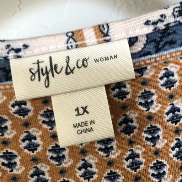 Style & Co|Boho mixed pattern tan jersey knit long sleeve blouse, asymmetrical• - Picture 7 of 10